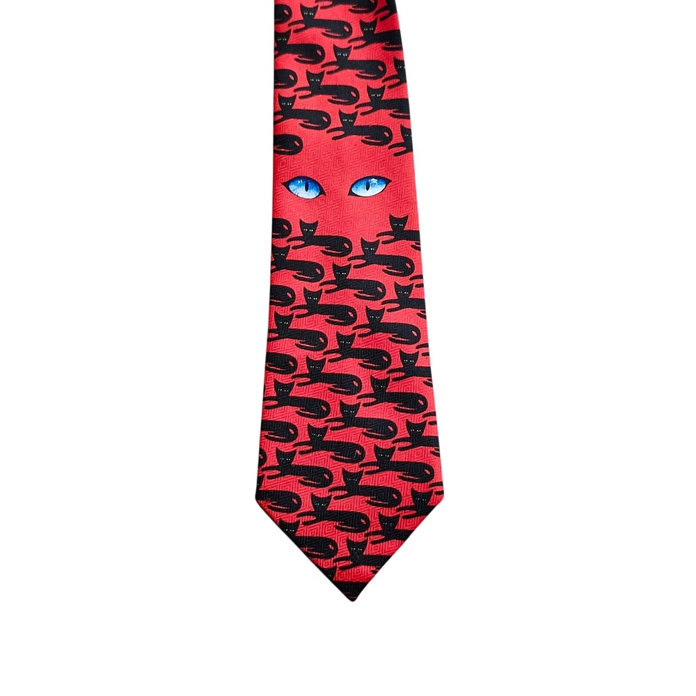 Parquet Mens Red Black Cat Eyes Novelty Silk Necktie Animal Print Accessory